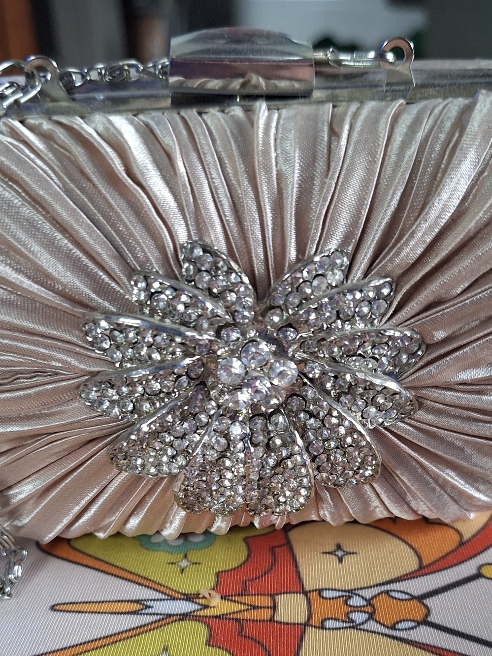 Charming Charlie Champagne Satin Clutch with Crystal Floral Accent